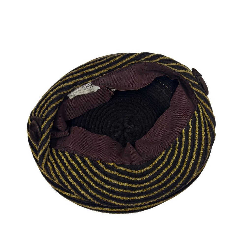 Vintage 50s Newsboy Hat Womens Striped Yellow Brown Knit Beret Cap - Picture 11 of 12